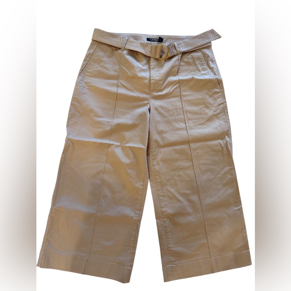 LAUREN Ralph Lauren Tan Belted Wide Leg Crop Pants Size 12 Chino Culottes